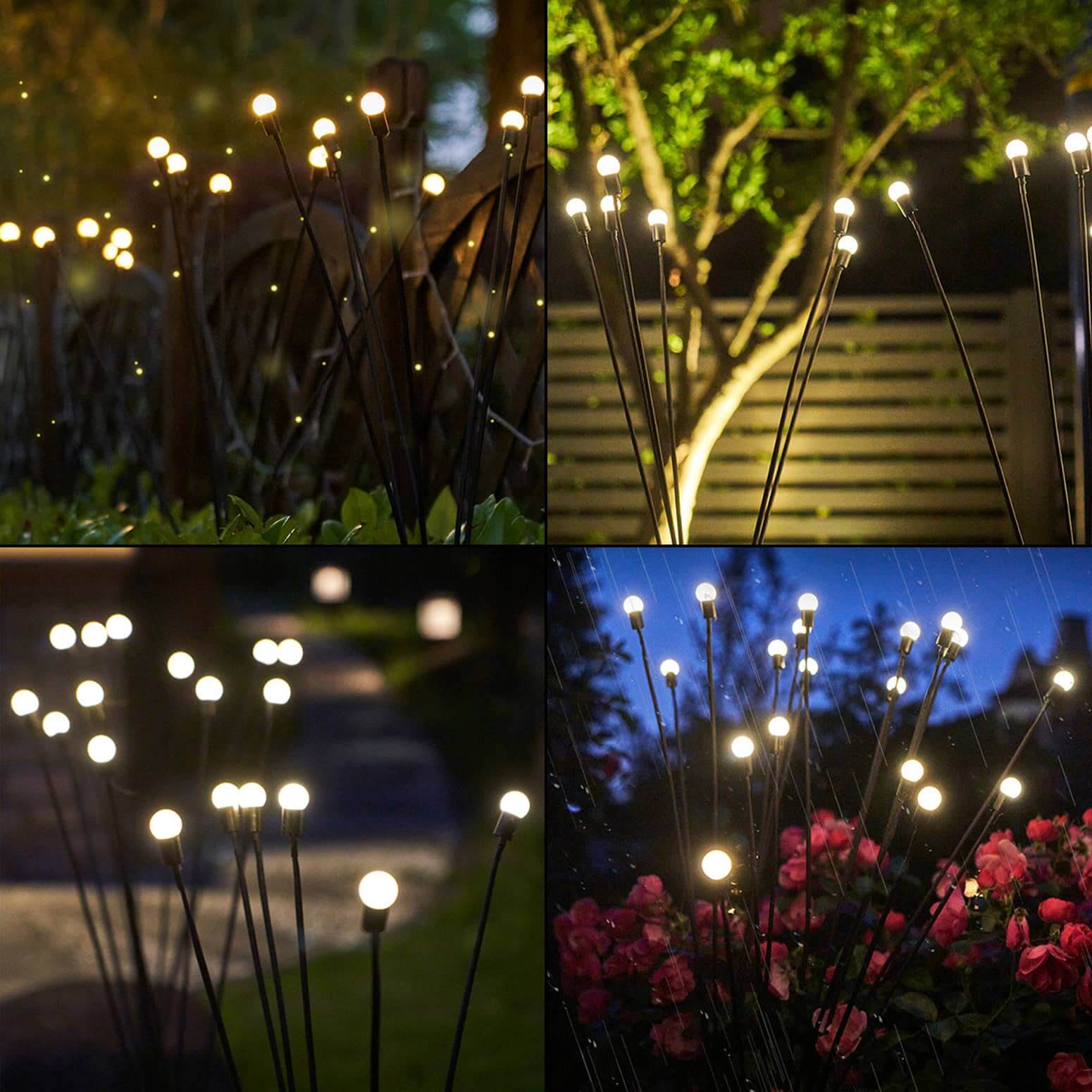 Detaljbilde av solcelledrevet ildfluelampe, med varmt LED-lys som etterligner ekte ildfluer.