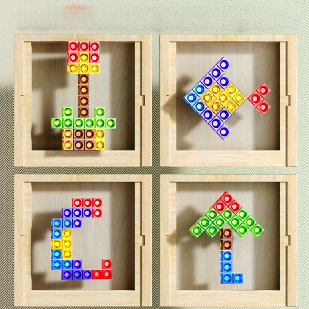 Hands-on Tetris puzzle with natural wood pieces, ideal for developing motor skills.