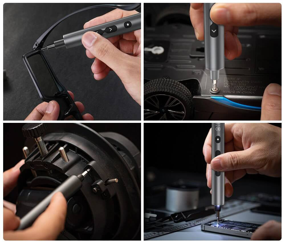 Ergonomisk mini elektrisk skrutrekker, batteridrevet for fleksibelt presisjonsarbeid. Inkluderer magnetisk holder.