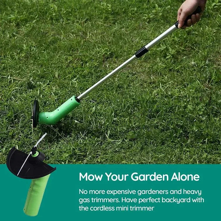 Ergonomisk trådløs trimmer for hagearbeid. Oppladbar minigressklipper sikrer presis klipping av små områder.