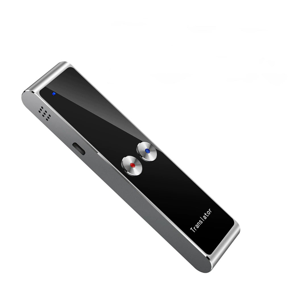Nærbilde av den smarte, trådløse språkoversetteren med tydelig skjerm og intuitive kontroller. Elektronikk tech.