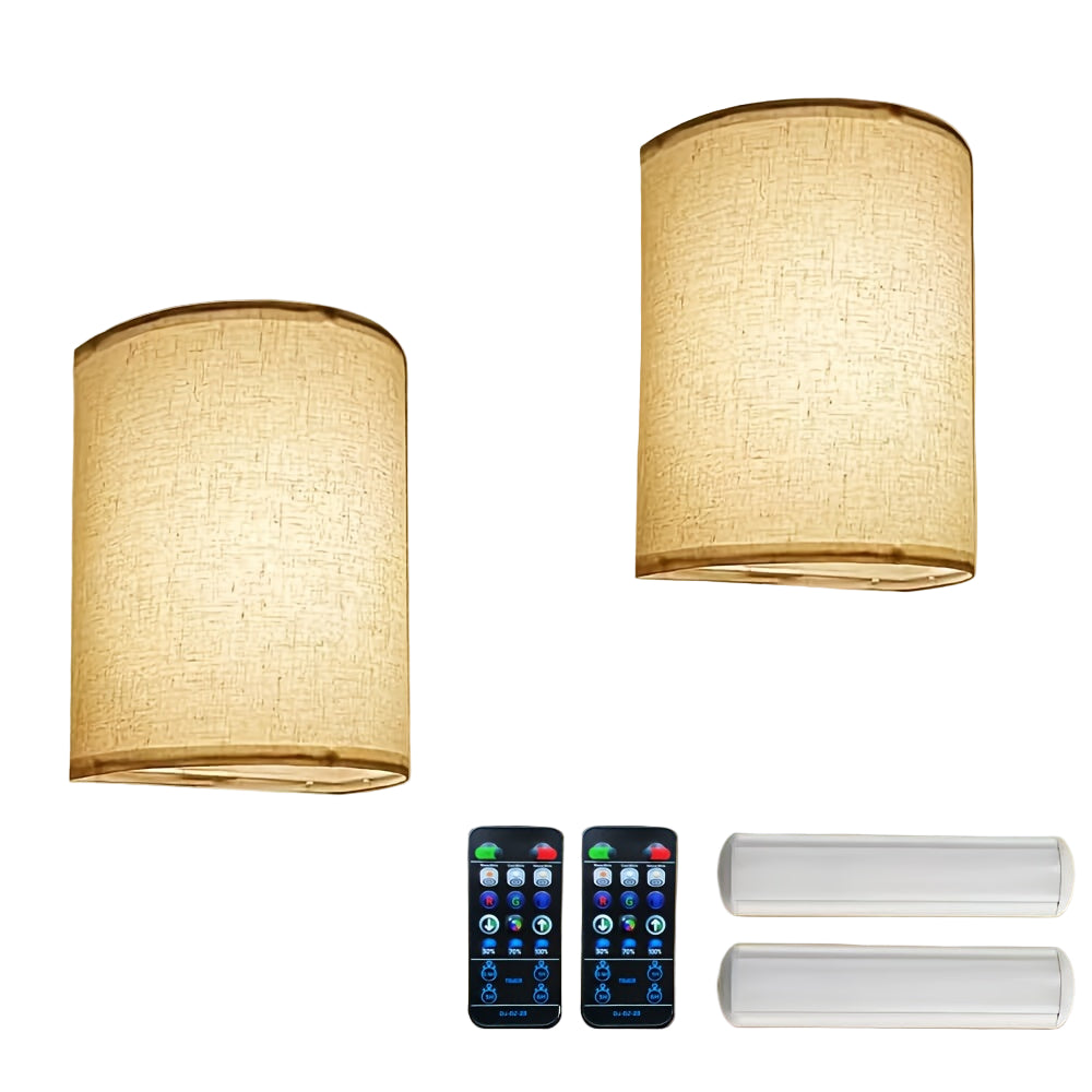 Trådløs vegglampe (2-pakning) med dimbar RGB-lys og fjernkontroll, ideell for moderne interiør.