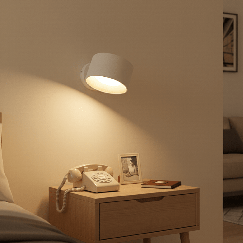 Moderne vegglampe i skandinavisk stil for stue. Trådløs belysning med praktisk fjernkontroll.