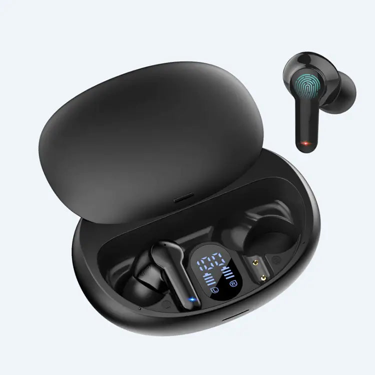 Kompakte trådløse ørepropper i ladeetui; perfekt for musikk, samtaler og lang batteritid.