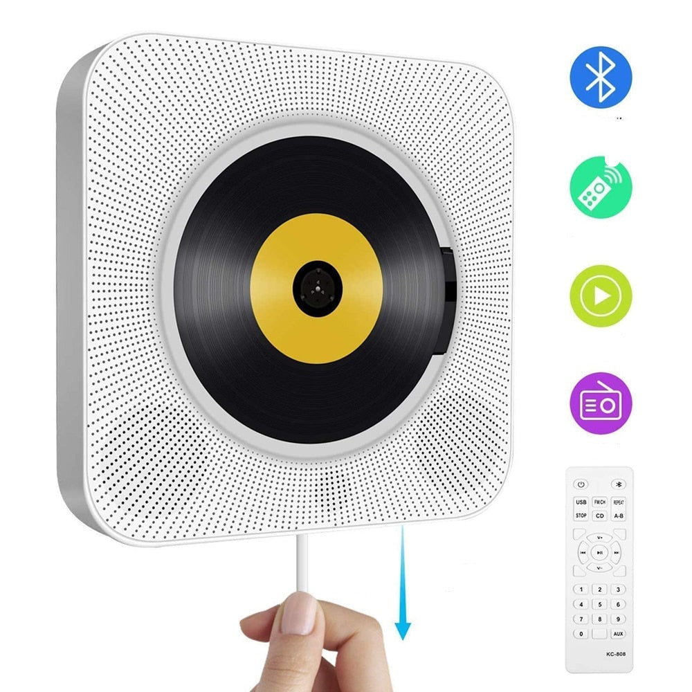 Bærbar CD-spiller med Bluetooth og veggmontering, hvit, spiller CD-er og MP3-er, fjernkontroll