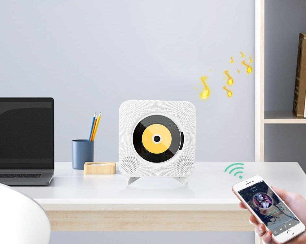 Veggmontert CD-spiller med Bluetooth, forfra, moderne design, stue-lyd gadget, hvit og svart