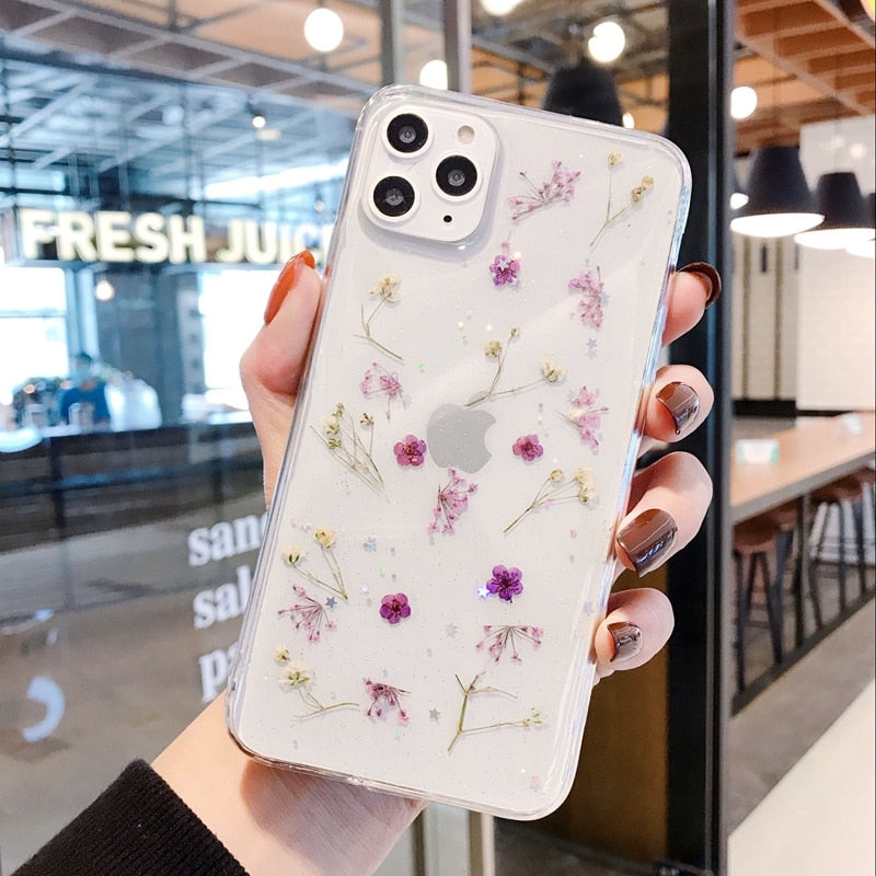 Beskyttelsesdeksel iPhone, gjennomsiktig med ekte blomster, gave til henne, blomsterdesign