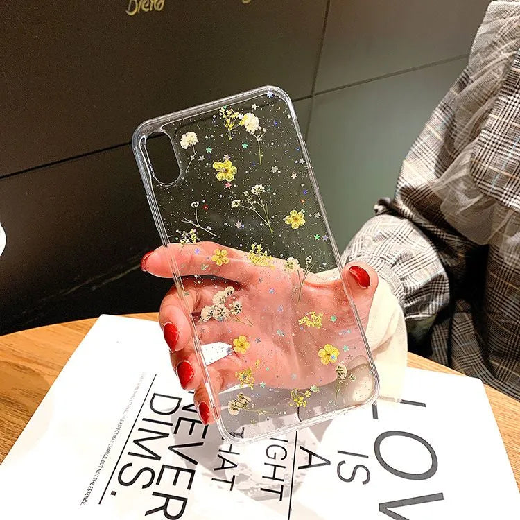 Blomsterdesign iPhone deksel, klart, med ekte planter, estetisk og beskyttende