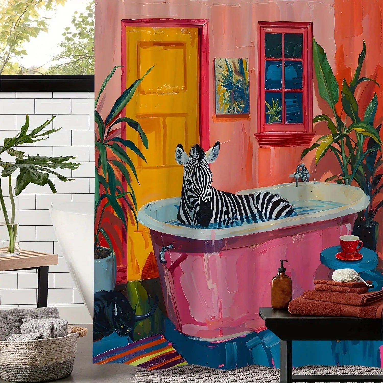 Tropisk zebra dusjforheng, flerfarget og moderne. Vanntett baderomstilbehør med eksotisk mønster for stilrent bad.