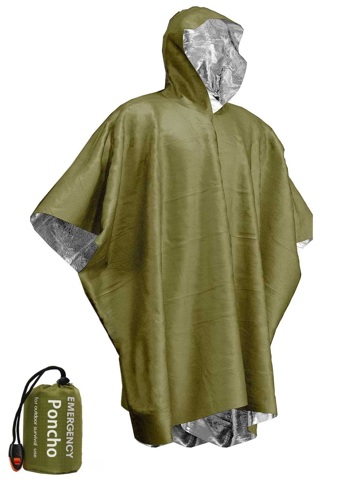 Unisex 3-i-1 regnponcho i grønn, vanntett og lettvektig. Perfekt for utendørsaktiviteter og nødbruk.