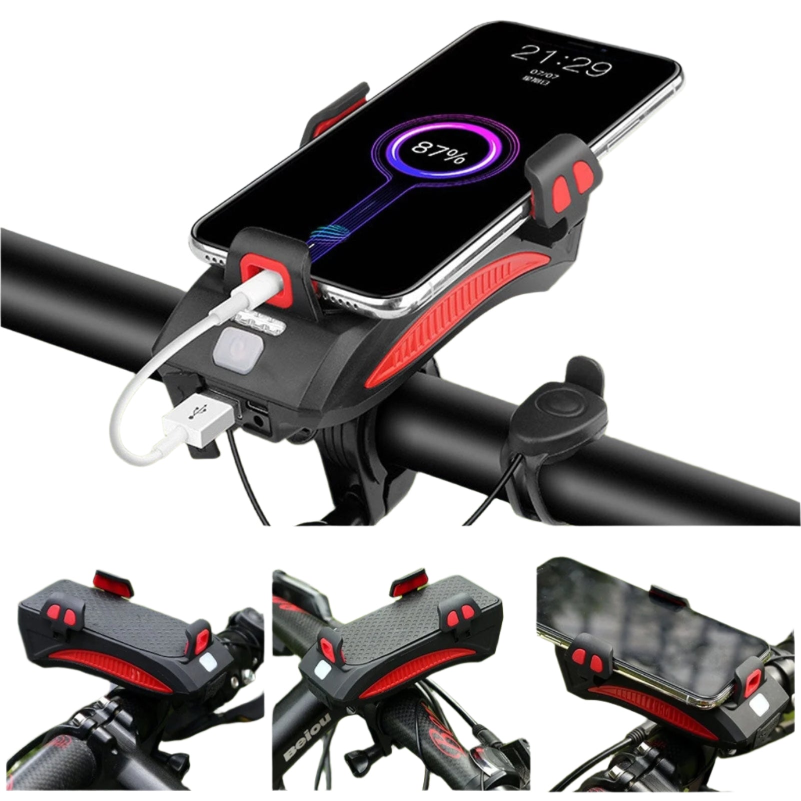 Unisex 4-i-1 sykkeltilbehør med kraftig LED-lys, powerbank, mobilholder og sykkelklokke for trygg pendling.