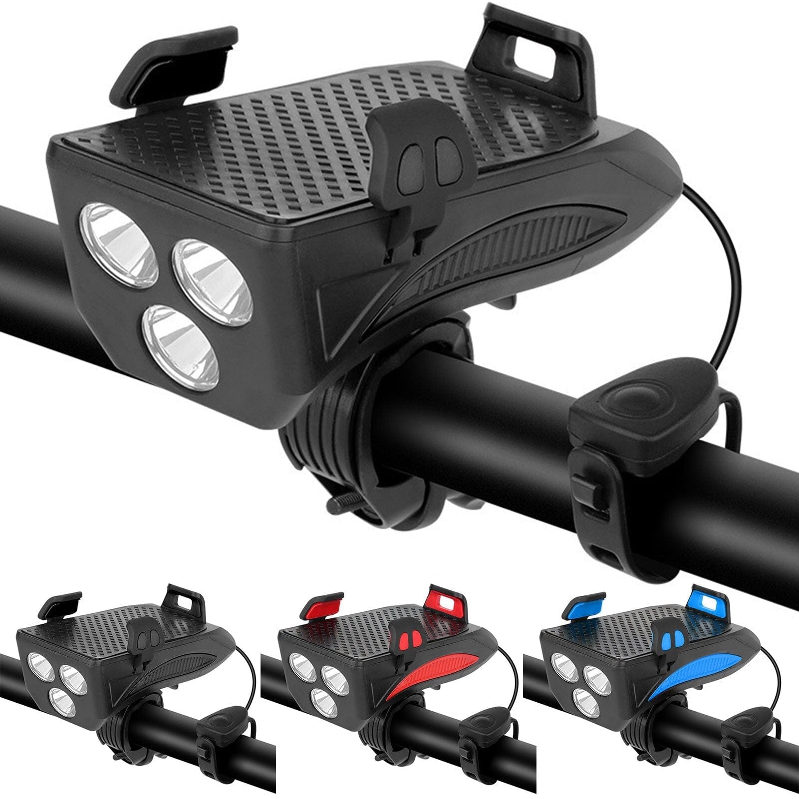 Vanntett sykkellys med LED-lampe, mobilholder og integrert powerbank. Ideell for sykkelsikkerhet og utendørs bruk.