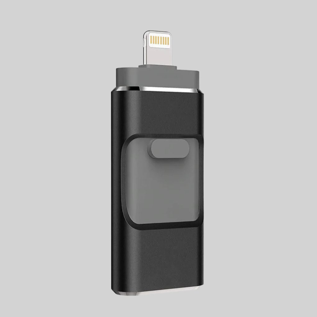 Enkel filoverføring med denne 4-i-1 USB minnepinnen. Støtter USB-C, Lightning, Micro-USB og USB-A.