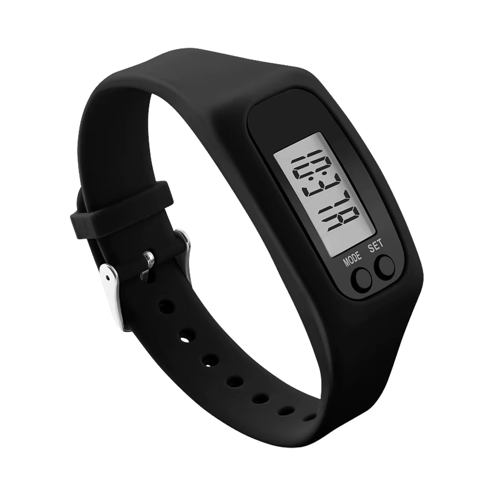 Unisex aktivitetsklokke med skritteller for trening. Robust silikonarmbånd, tydelig LED-skjerm viser skritt, kalorier.