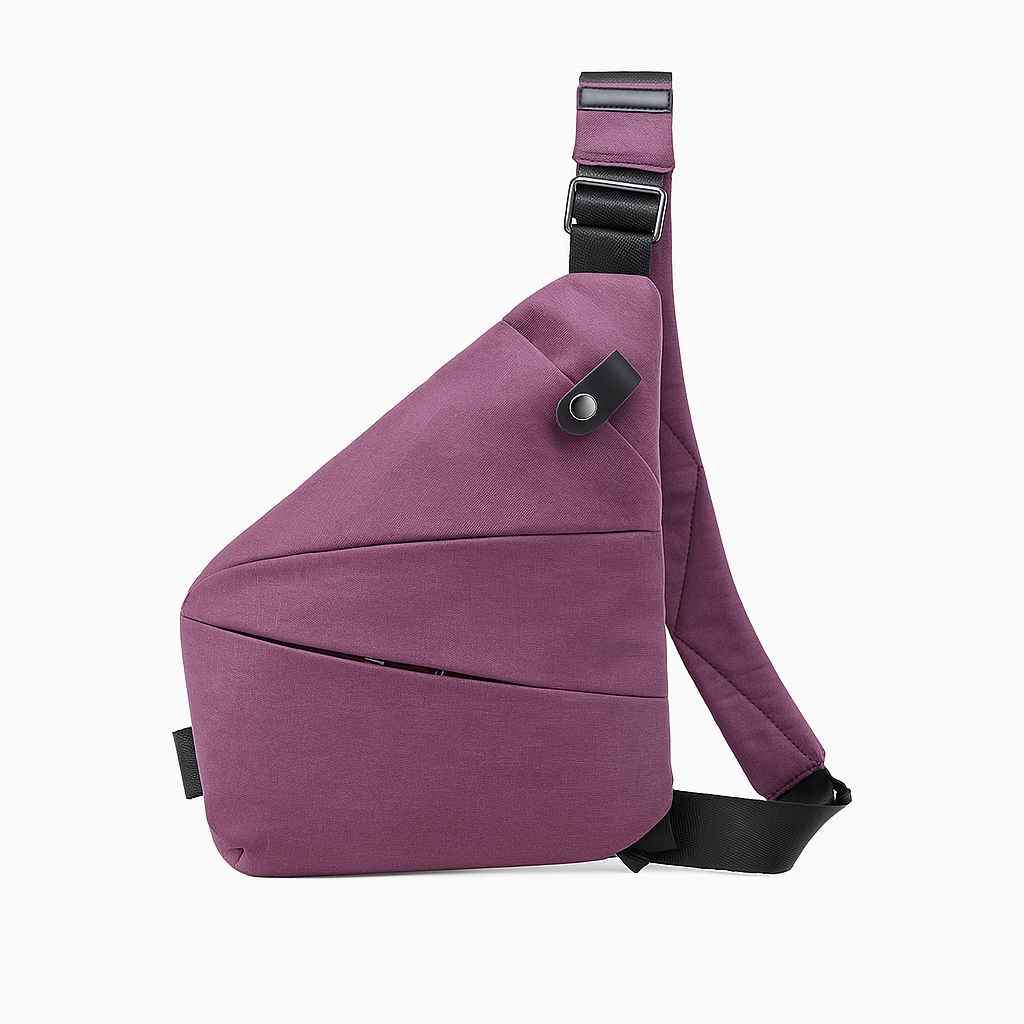Person bærer en diskret, tyverisikker unisex skulderveske, ideell for urban utforskning.