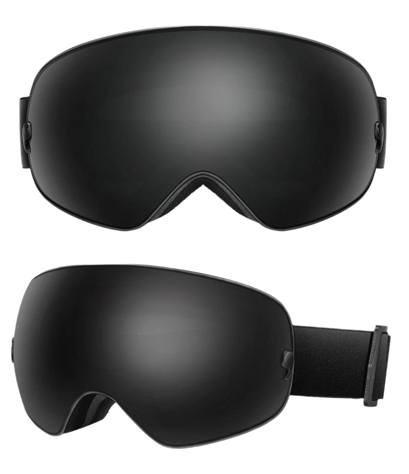 Nærbilde av unisex skibriller; viser antidugg dobbeltlags linse og justerbar stropp for ski og snowboard.