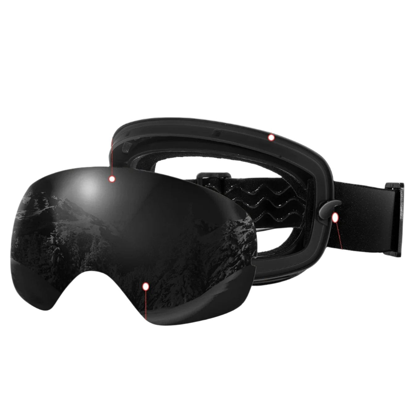 Stilige sorte unisex skibriller med antidugg og dobbeltlags linse, perfekt for snowboard og vintersport.