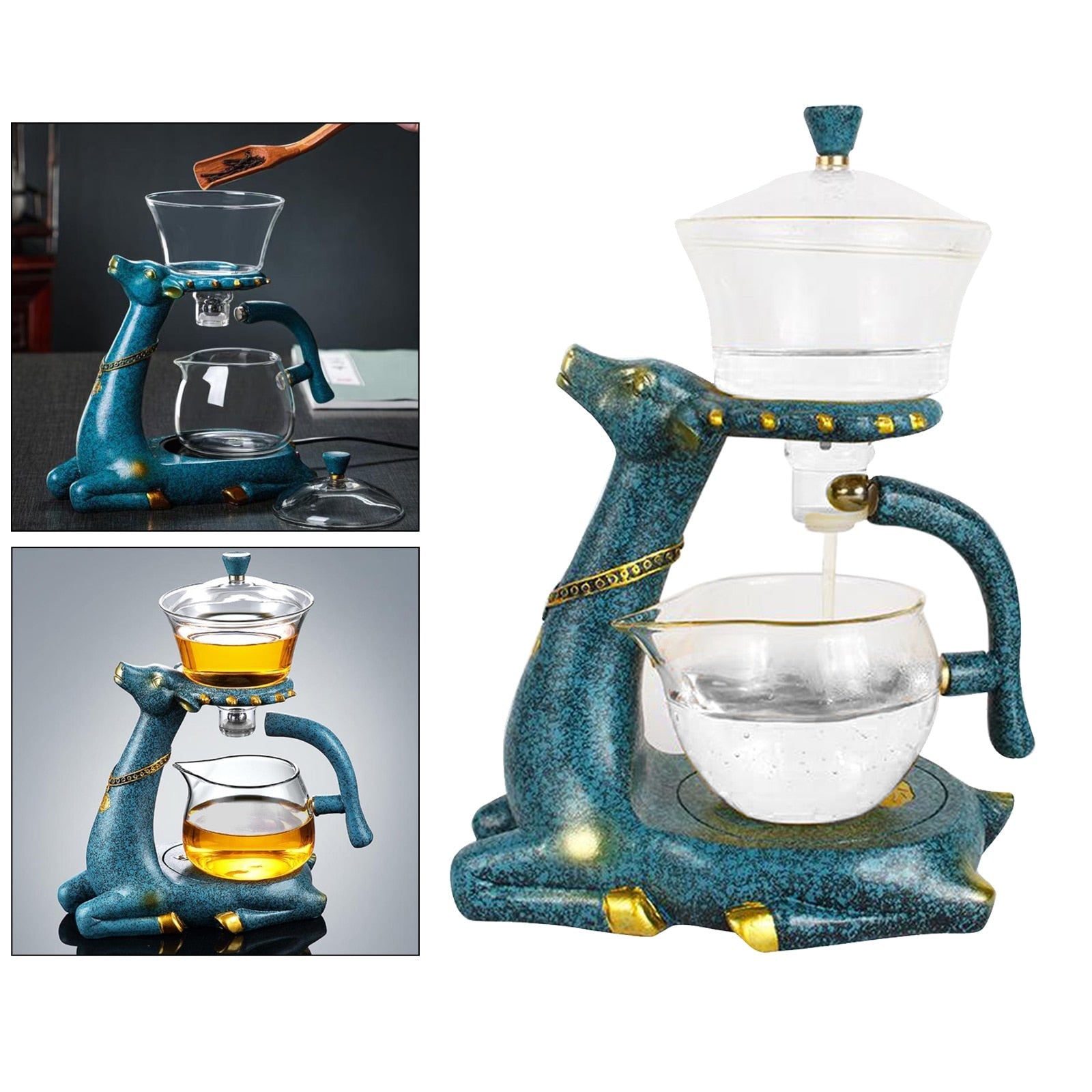 Kjøkkenutstyr: Automatisk teinfuser tekanne med elegant hjortedesign, glasskanne for unik teopplevelse.