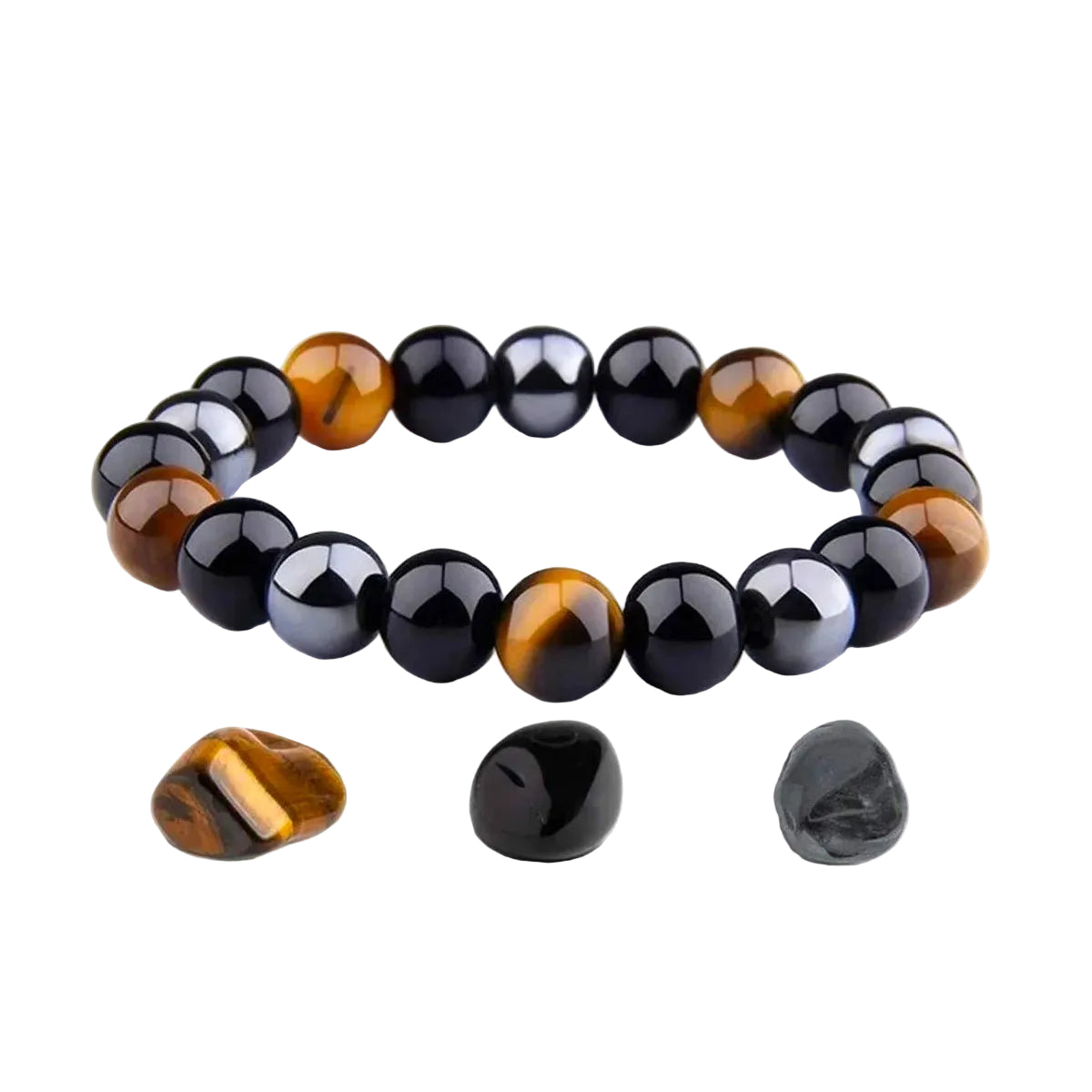 Unisex beskyttelsesarmbånd med natursteiner (tigerøye, obsidian, hematitt) for balanse og healing.