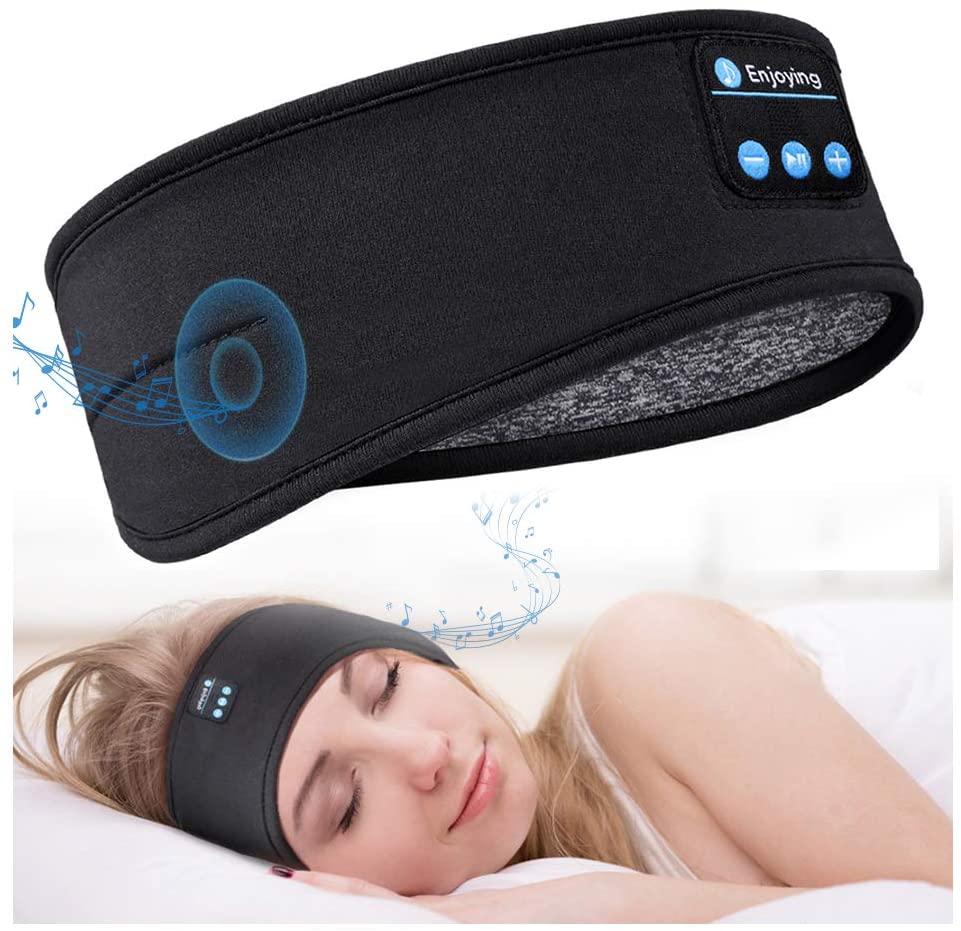 Mykt sovehodebånd med trådløse Bluetooth hodetelefoner, perfekt for avslapning og lydbøker.