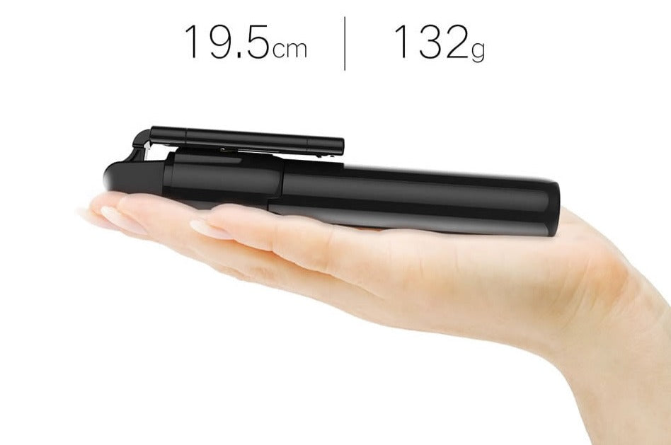 Forlengbar selfiepinne med stativ for smarttelefon, ideell for brede vinkler. Bluetooth for fjernstyring av kamera.