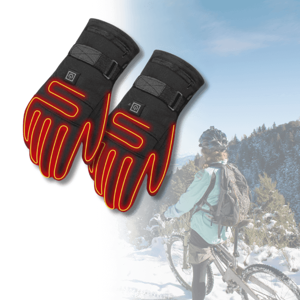 Nærbilde av kontrollknappen på unisex elektriske oppvarmede hansker, ideelle for vinter, ski og motorsykkel.