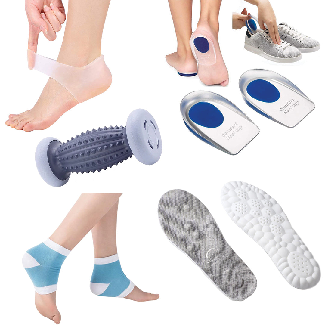 Unisex fotpleiepakke for smertelindring av hæl og fot. Inkluderer komfortable innleggssåler og hælbeskyttere for støtte.