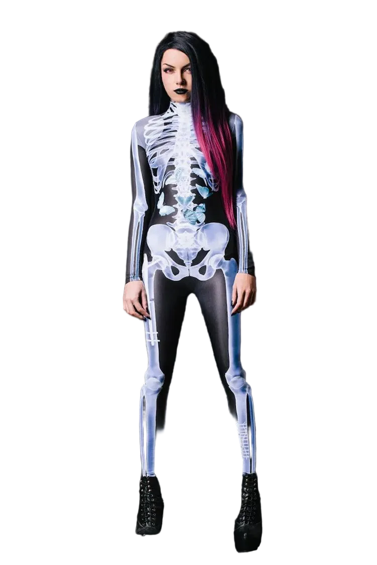 Unisex Halloween skelett bodysuit, glød i mørket. Ideell festkostyme for voksne og ungdom.