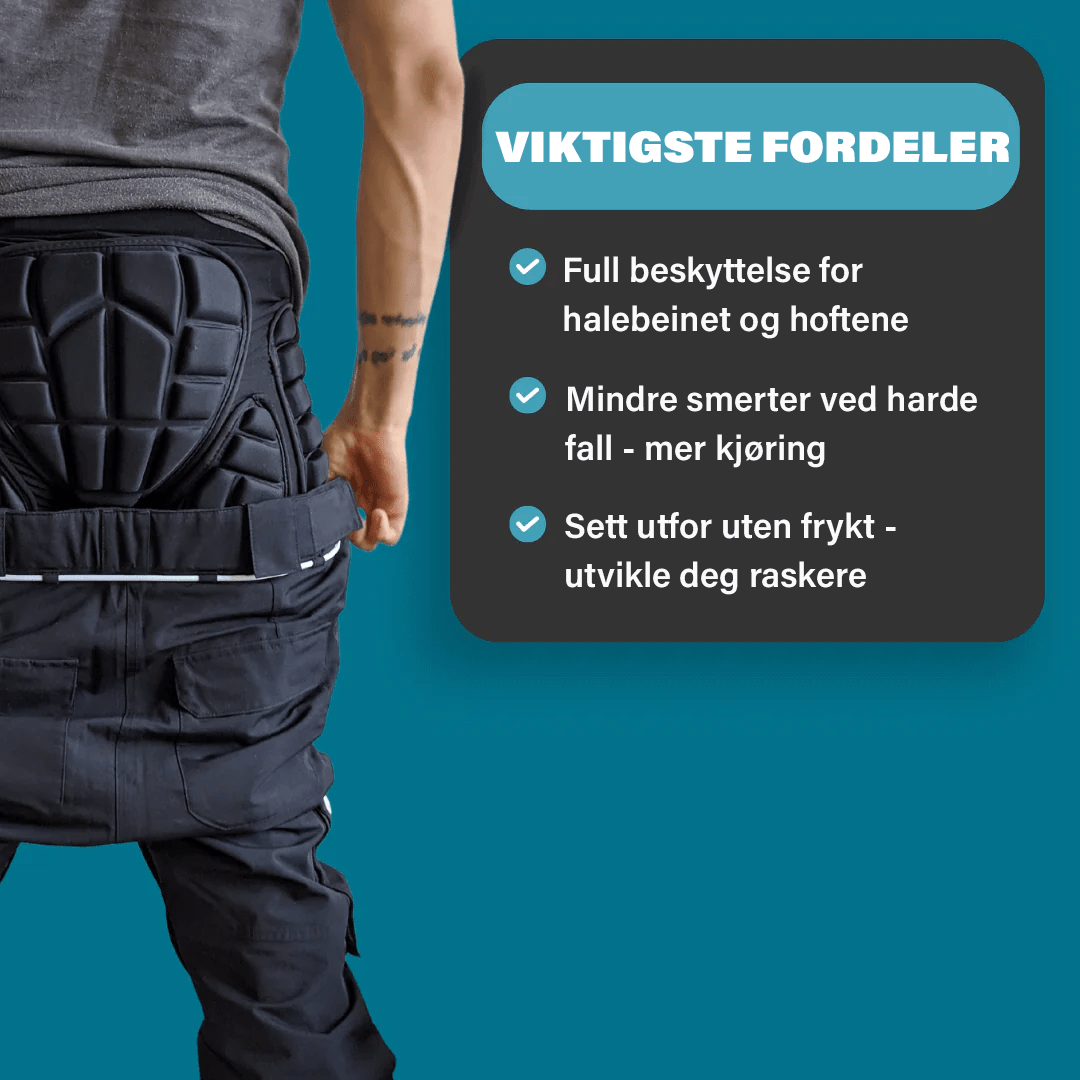 Svarte unisex snowboardshorts med støtdempende polstring for optimal beskyttelse på ski og alpint.