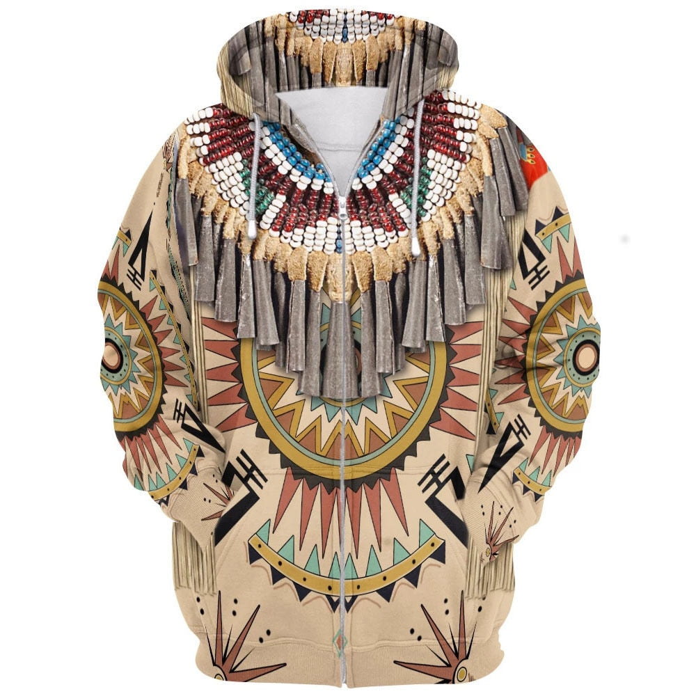 Koselig unisex hettegenser for dame og herre, med unikt 3D tribal-trykk