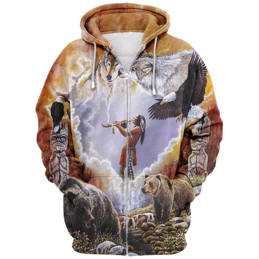 Moderne hettegenser med lange ermer og et oppslukende 3D tribal-design, unisex-passform