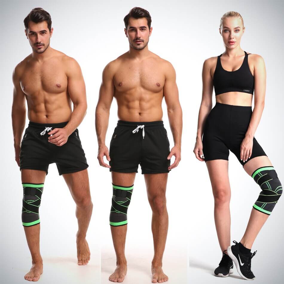 En idrettsutøver bruker en svart unisex knestøtte under trening, for støtte av knær og ledd.