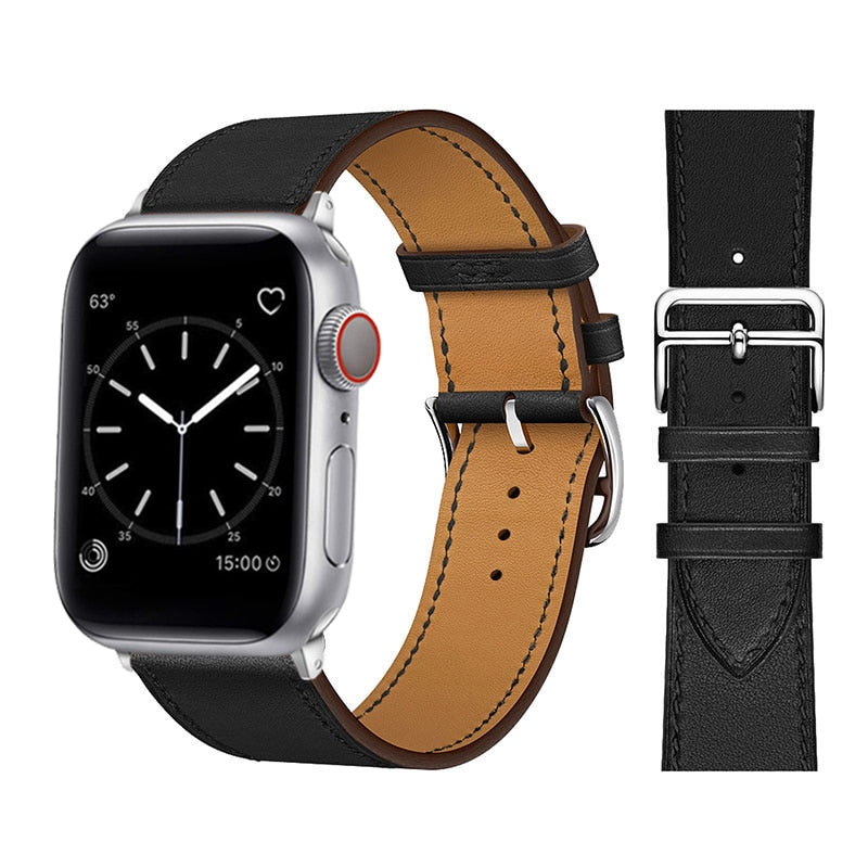 Helhetsbilde: Apple Watch med lysbrunt unisex kunstlærarmbånd, luksuriøst armbånd