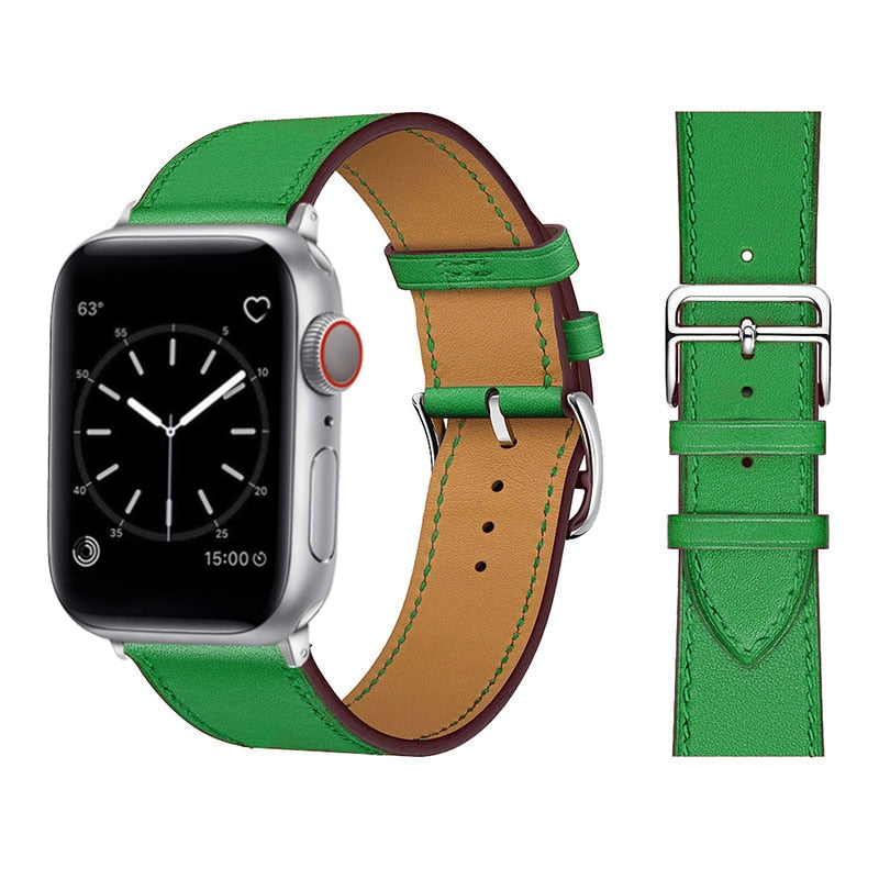 Detaljvisning av sømmen på det grå unisex kunstlærarmbåndet for Apple Watch, av høy kvalitet