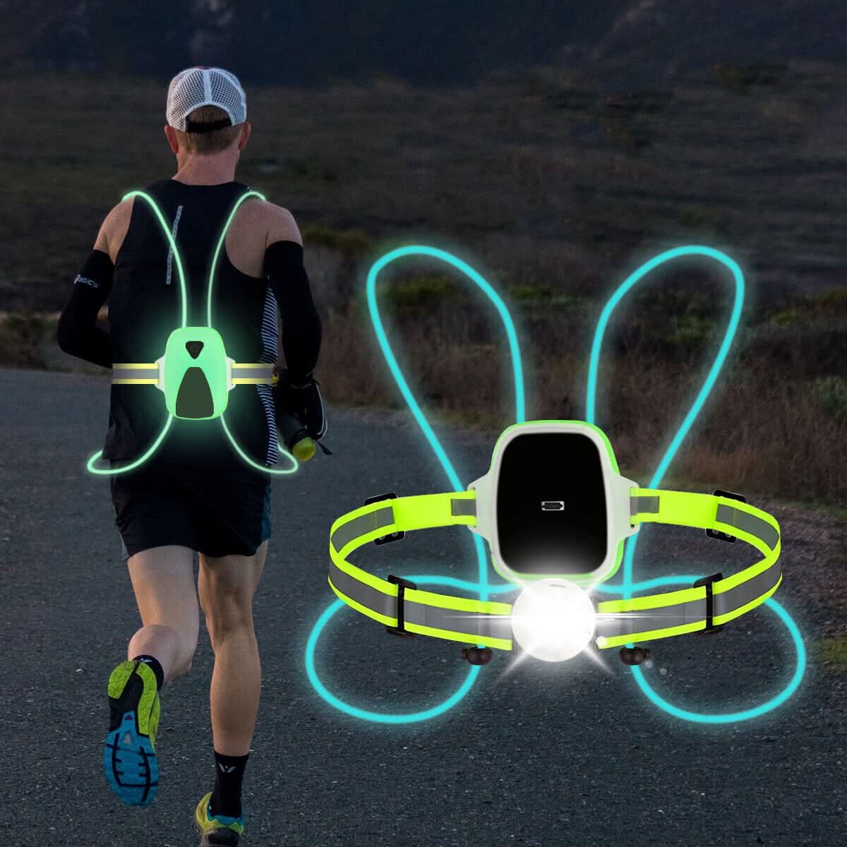 Synlighetsvest med LED for løping, sykling, tur. Unisex, justerbar og USB oppladbar for mørke og dårlige lysforhold.
