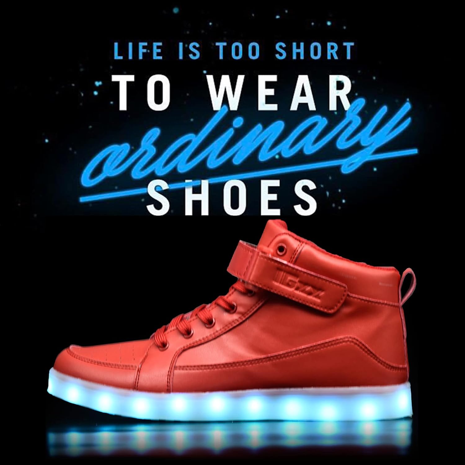 Detaljert bilde av en unisex LED sneaker, viser de lyse diodene og stilrent design. Perfekt for fest.