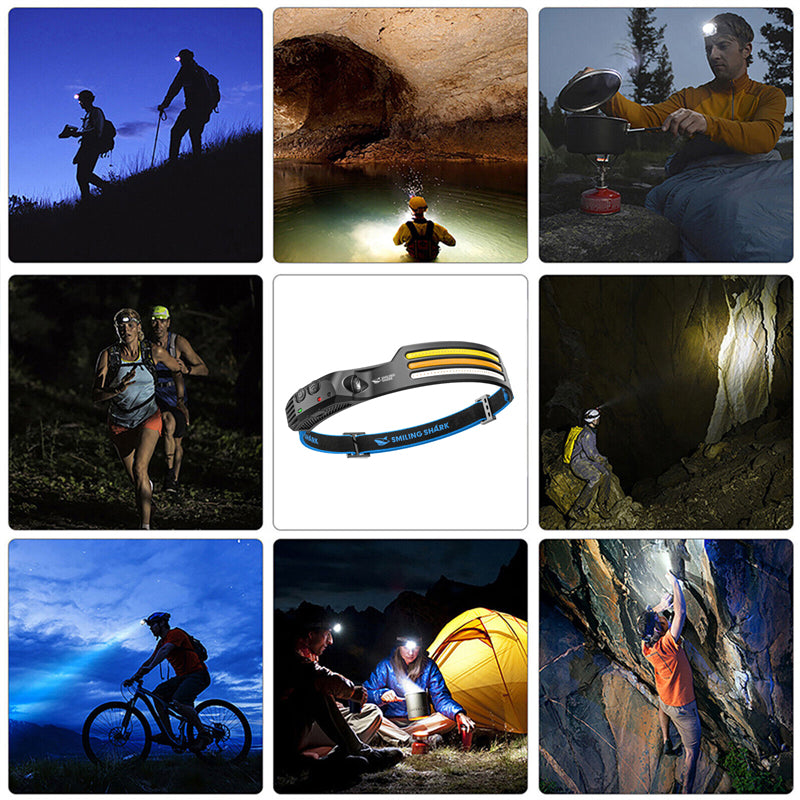 Hodelykt med LED-lys, USB-lading og IPX66 vanntetting, perfekt for turer og camping.