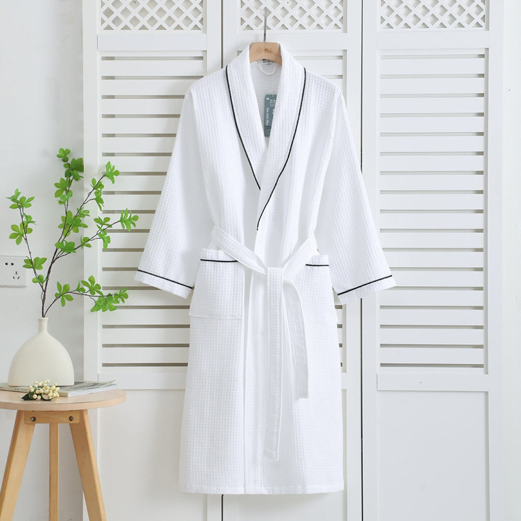 Myk lettvekt bomullskåpe med vaffelstruktur. Unisex kimono badekåpe for avslappet loungewear hjemme.
