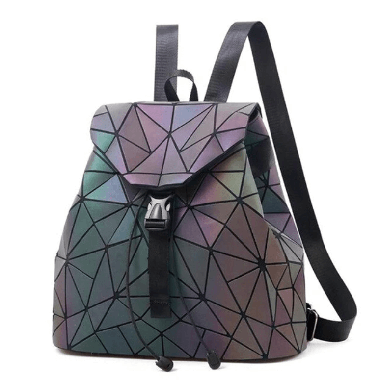 Allsidig lysende bag med geometrisk mønster. Trendy ryggsekk for hverdagsbruk og stilbevisste studenter.
