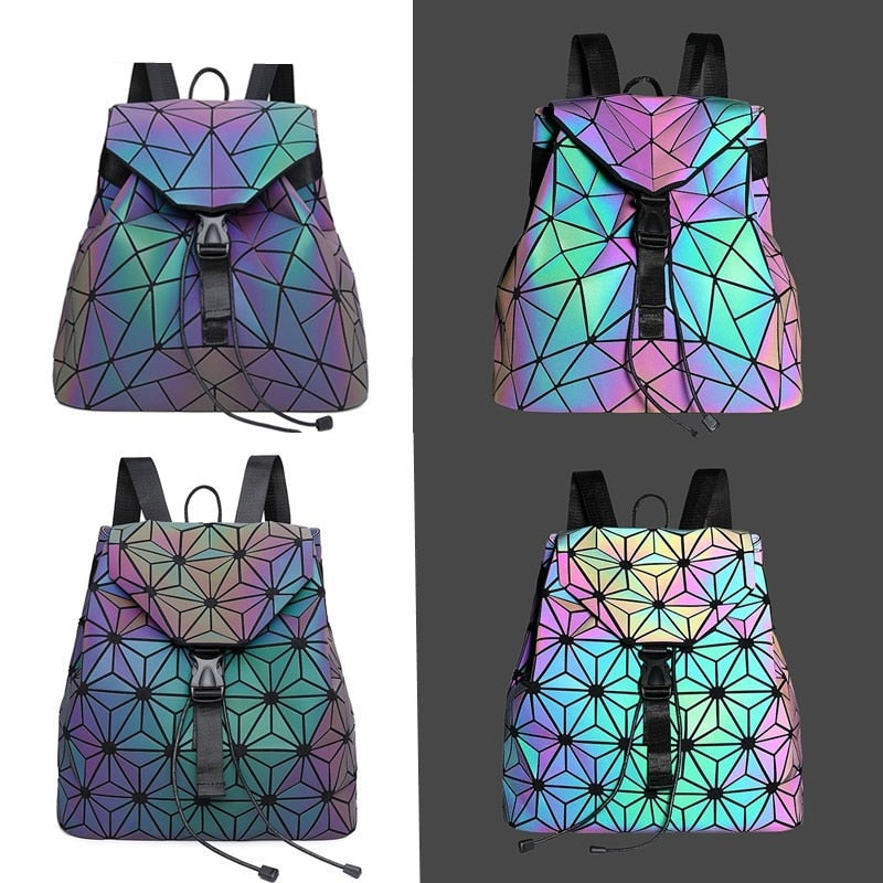 Trendy lysende ryggsekk. Unisex, geometrisk, reflekterende bag for mote og hverdagsbruk. Vanntett stil.