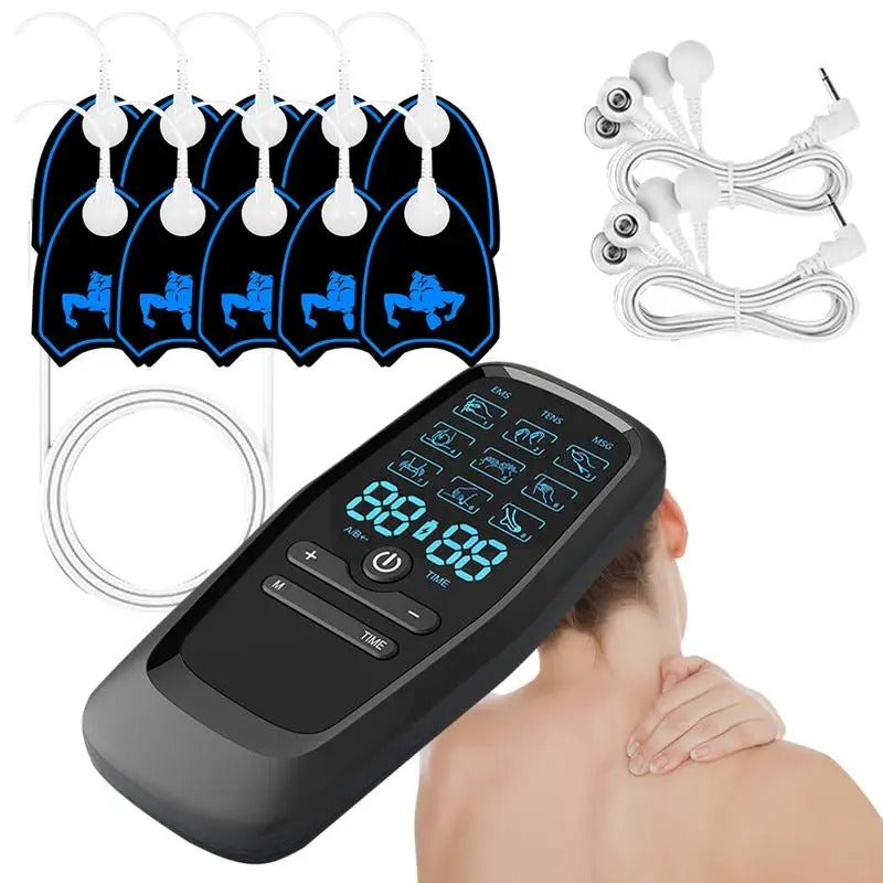 Unisex muskelstimulator med TENS & EMS for smertelindring og restitusjon. Bærbar enhet med elektroder.