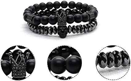 Kult unisex steinarmbånd: onyks, krone & hodeskalle. Trendy natursteinsmykke som gir et unikt uttrykk.