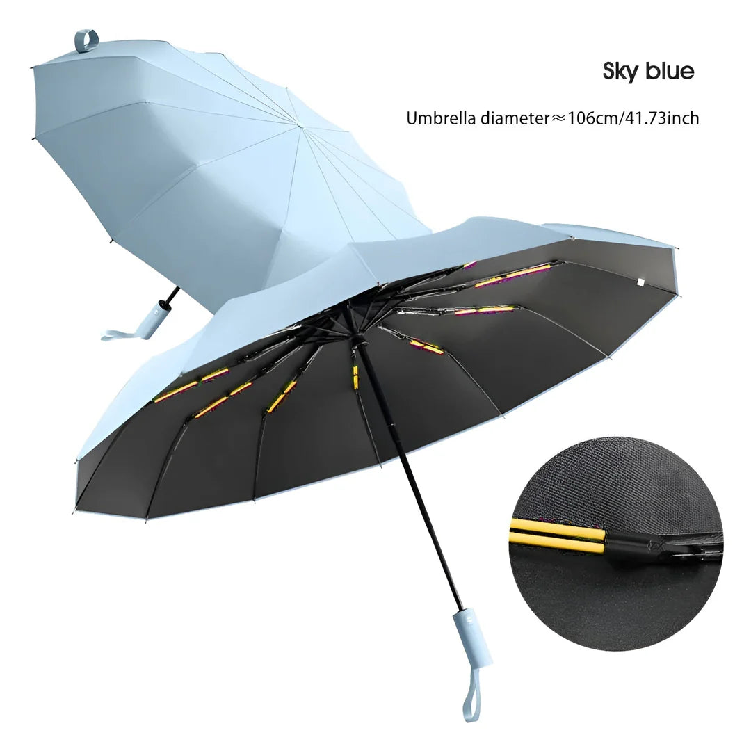 Person holder en funksjonell unisex paraply, viser komplett beskyttelse mot sol og regn.