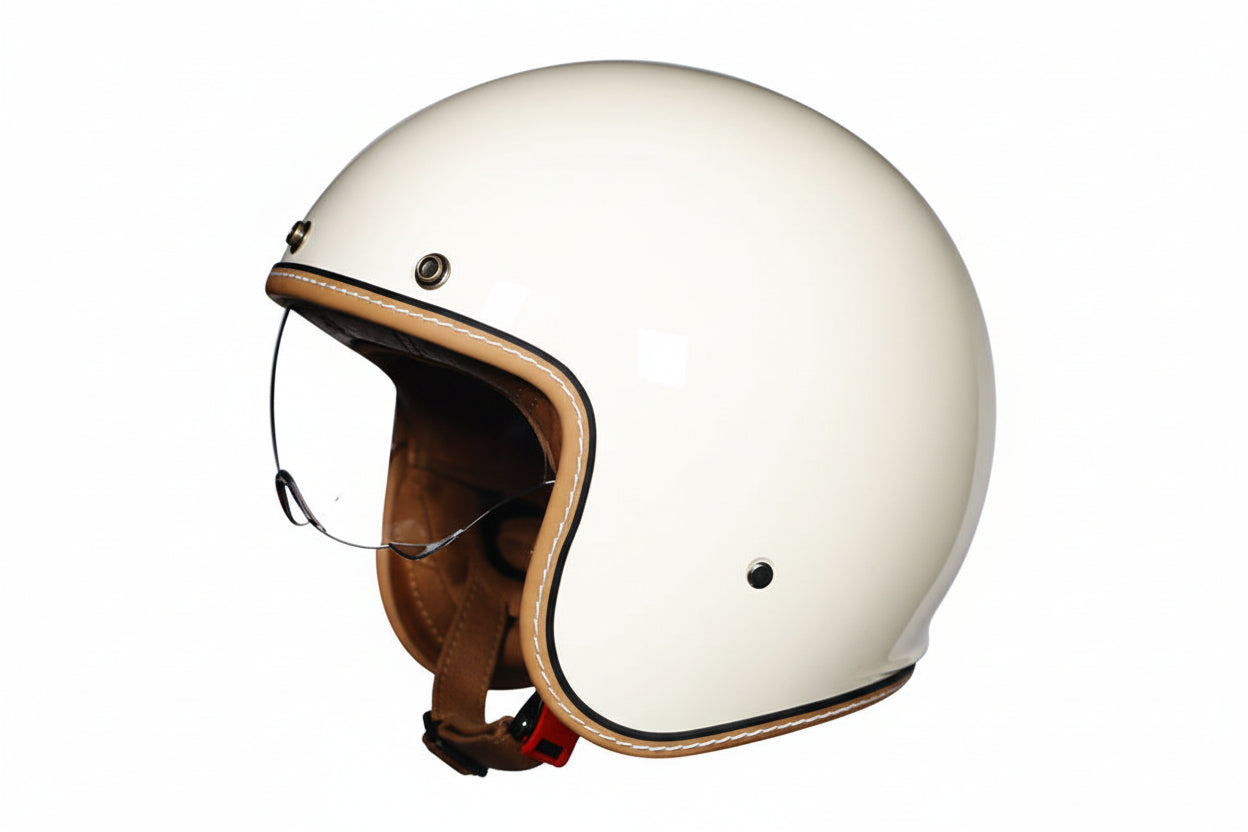 Stilig retro åpen motorsykkelhjelm med klart visir. Unisexhjelm gir god sikt og sertifisert sikkerhet.