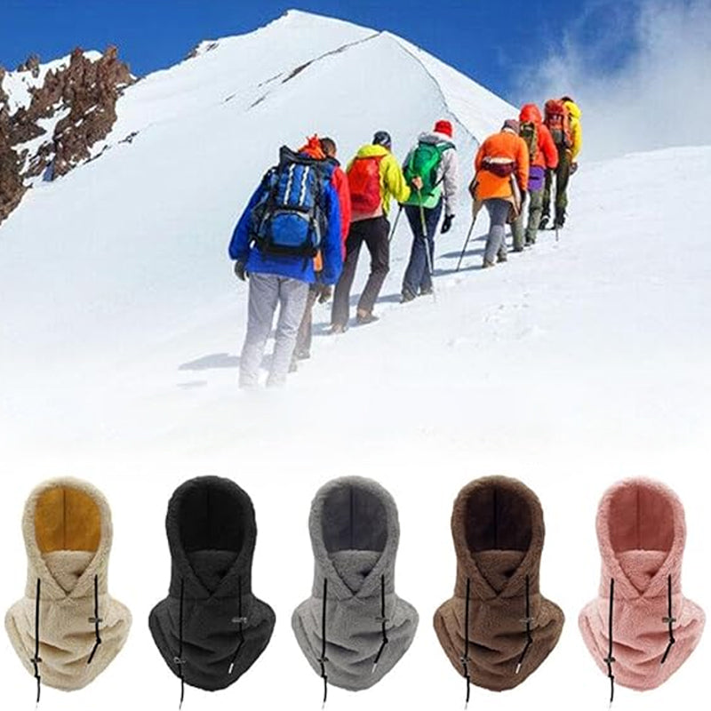 Sherpa balaclava med hette, et essentielt hodeplagg for vinteraktiviteter.