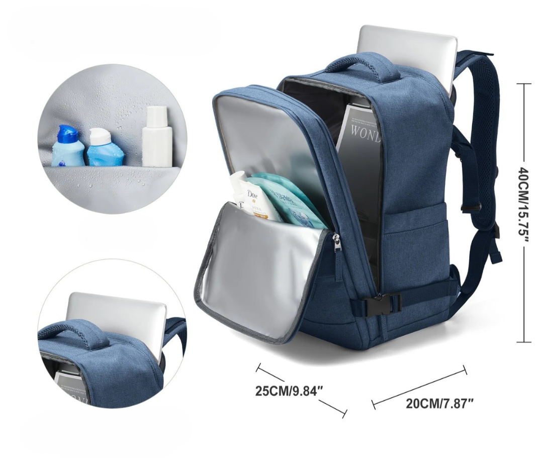 Detaljbilde av smarte glidelåser og lommer i unisex reiseryggsekk. Organisert for pendlersekk.