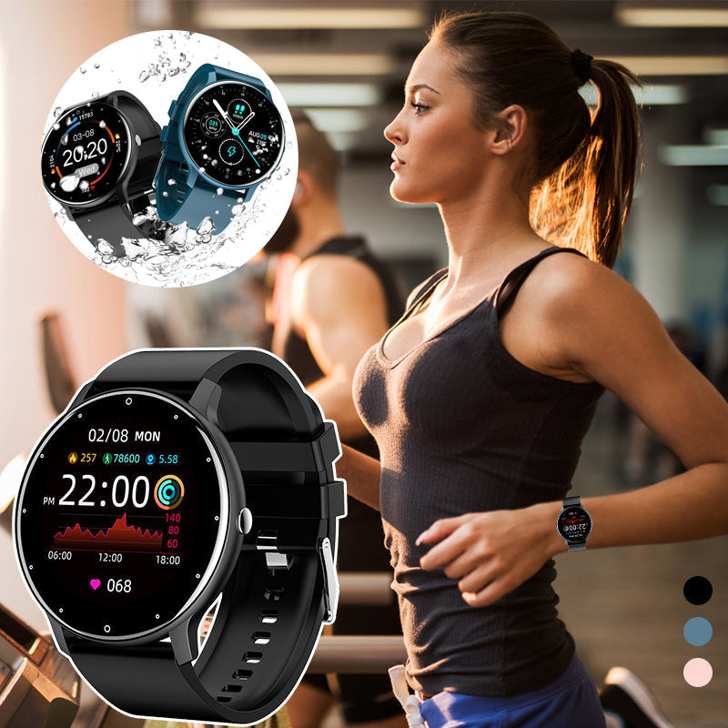 Digital smartklokke viser ikoner for ulike sporter; løping, sykling, svømming. Perfekt for multisport.
