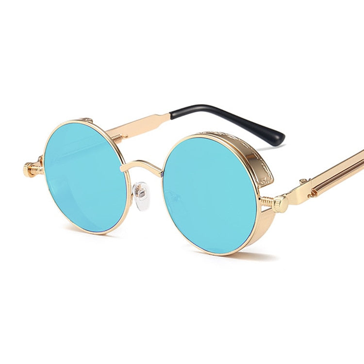 Unike unisex gotiske solbriller med distinkt steampunk design. Runde glass, metallramme for retro stil.