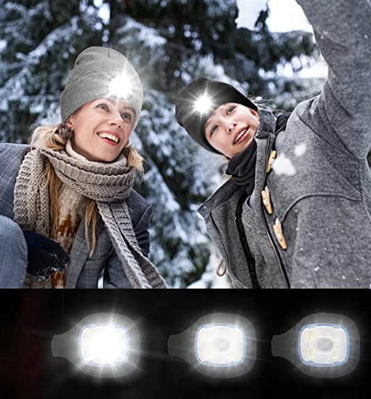 Nærbilde av av/på-knappen for LED-lyset på strikkeluen.