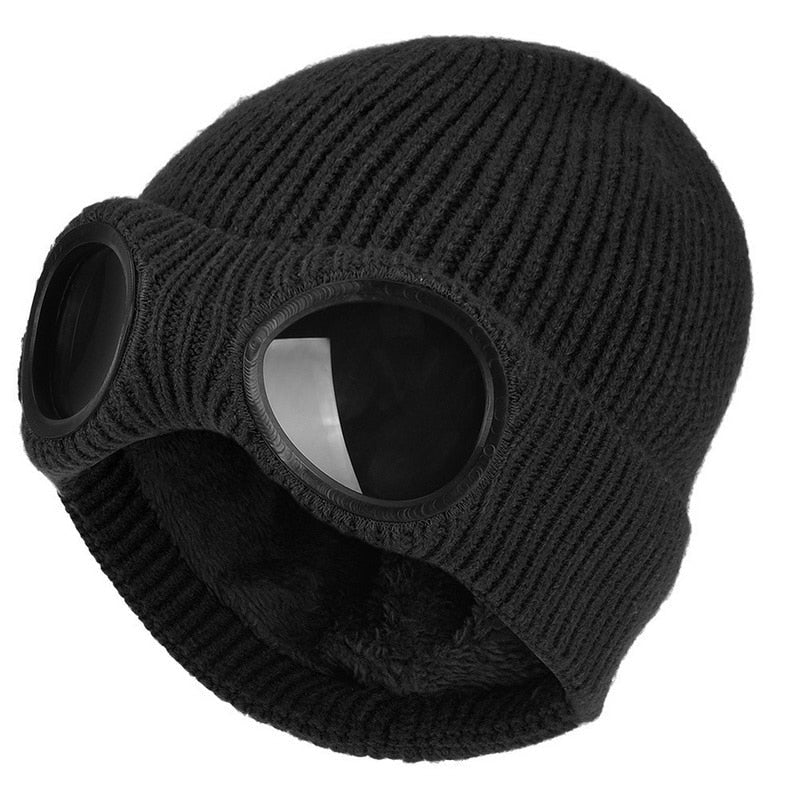 Varm unisex strikkelue i akryl med integrerte briller; perfekt hodeplagg for kaldt vintervĂŚr og sport.